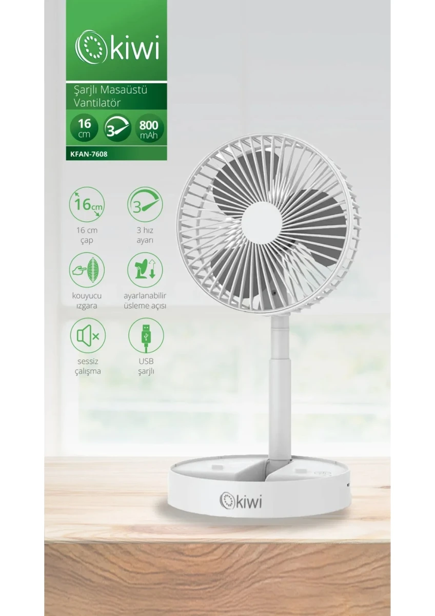 Kiwi KFAN-7608 Şarjlı Beyaz Ayarlanılabilir Mini Fan Masa Üstü Vantilatörü USB Soğutucu Sessiz El Fanı