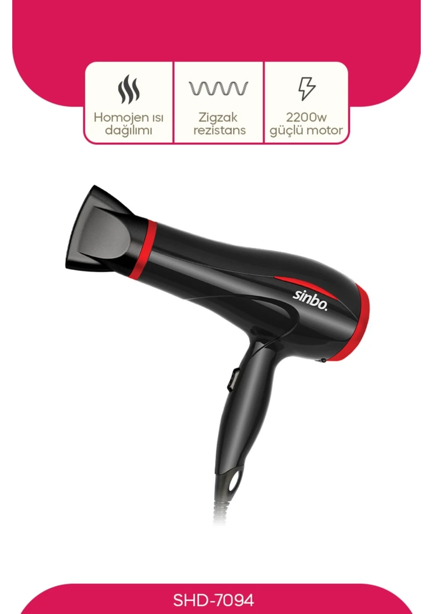 Sinbo SHD-7094 2000W Saç Kurutma Makinesi – 2 Kademeli Hız ve Isı Ayarı, Difüzör Başlıklı Profesyonel Kullanım